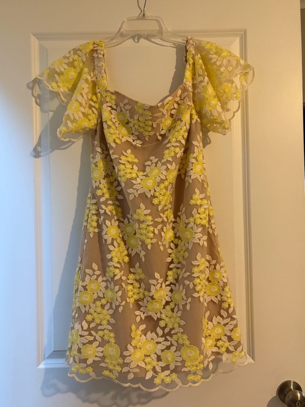 Trina by Trina Turk Yellow Floral Embroidered Beige Dress. Off shoulders